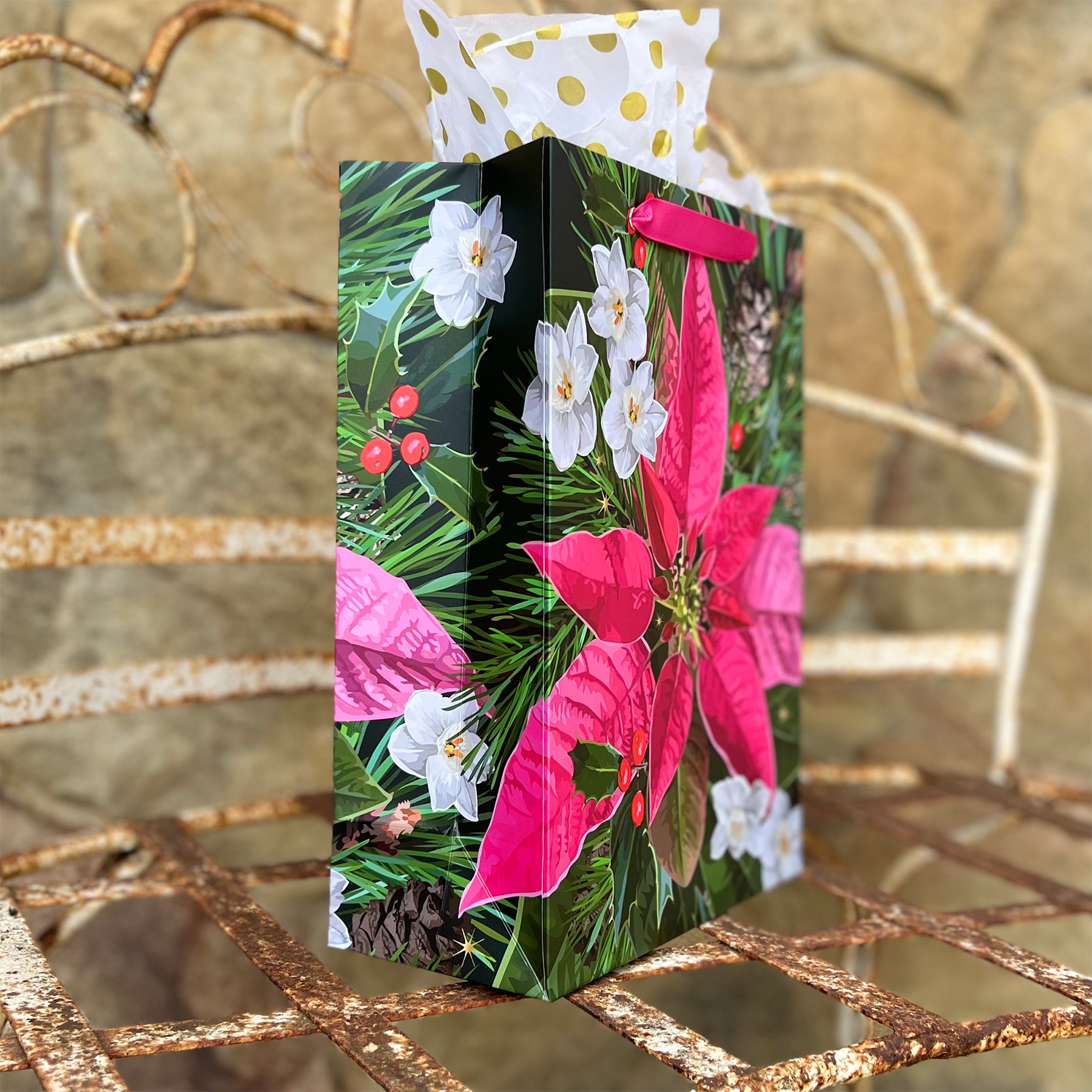 The Red Barn Press - Wholesale Gift Bag - LARGE Christmas Paper Gift Bags | Holiday Poinsettias2