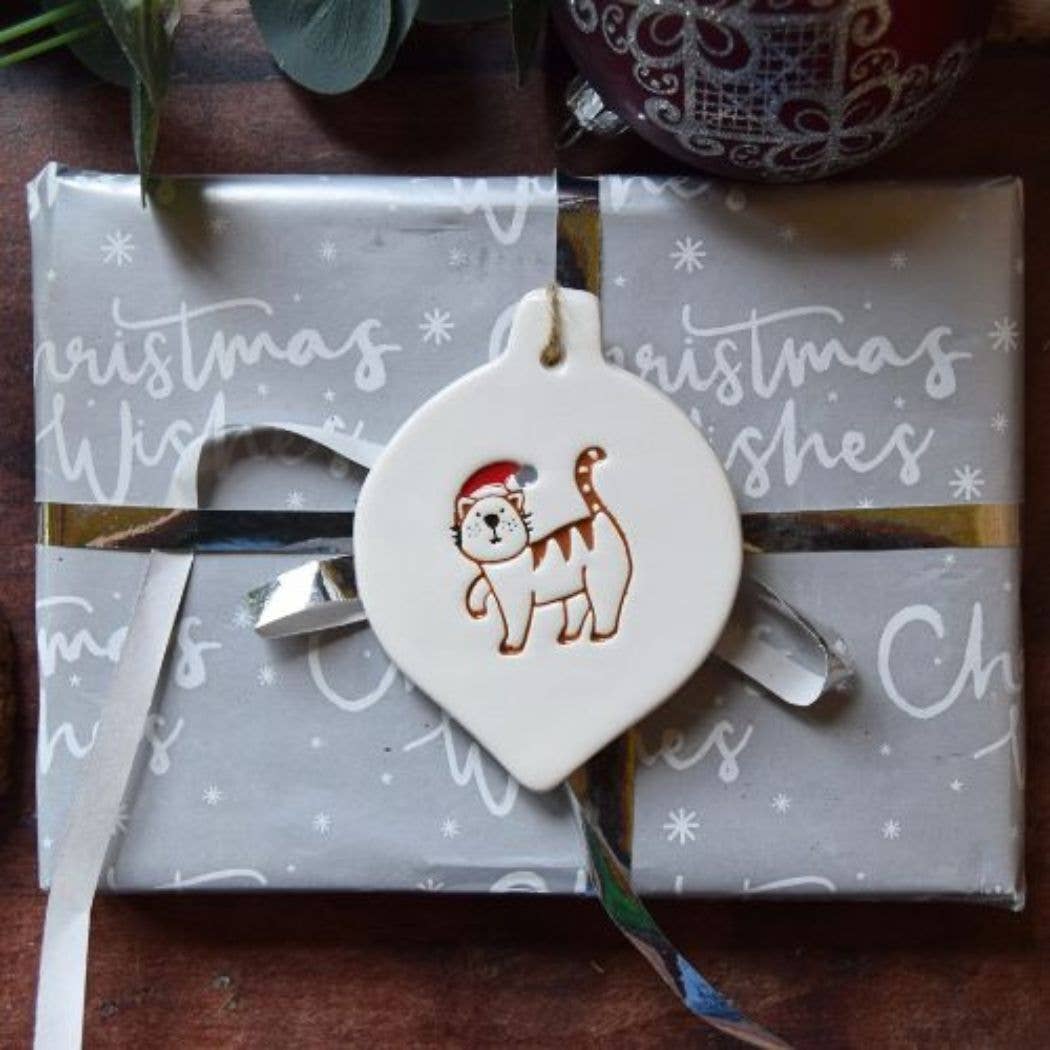 Broadlands Pottery – wholesale Ornament – Christmas - Cat with Santa Hat - Handmade ceramic bauble4