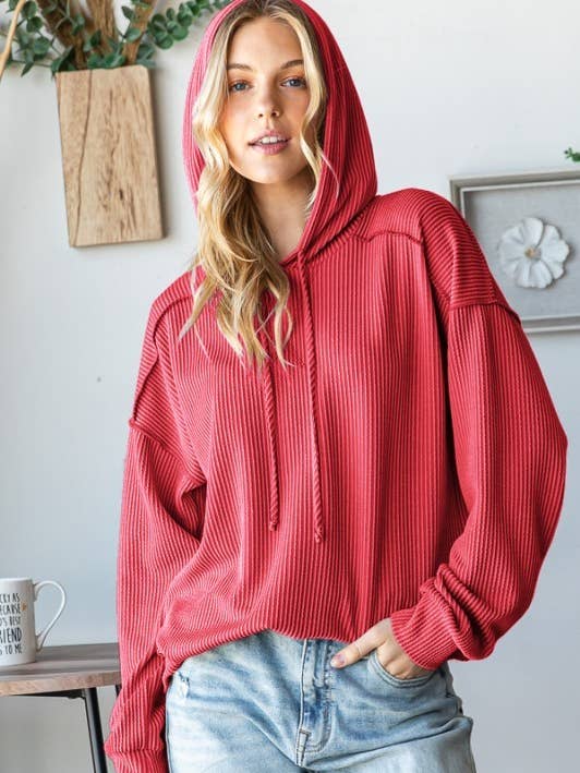 T8776HE10-SOLID URBAN RIBBED LONG SLEEVE HOODIE TOP for wholesale by Sunday Morning