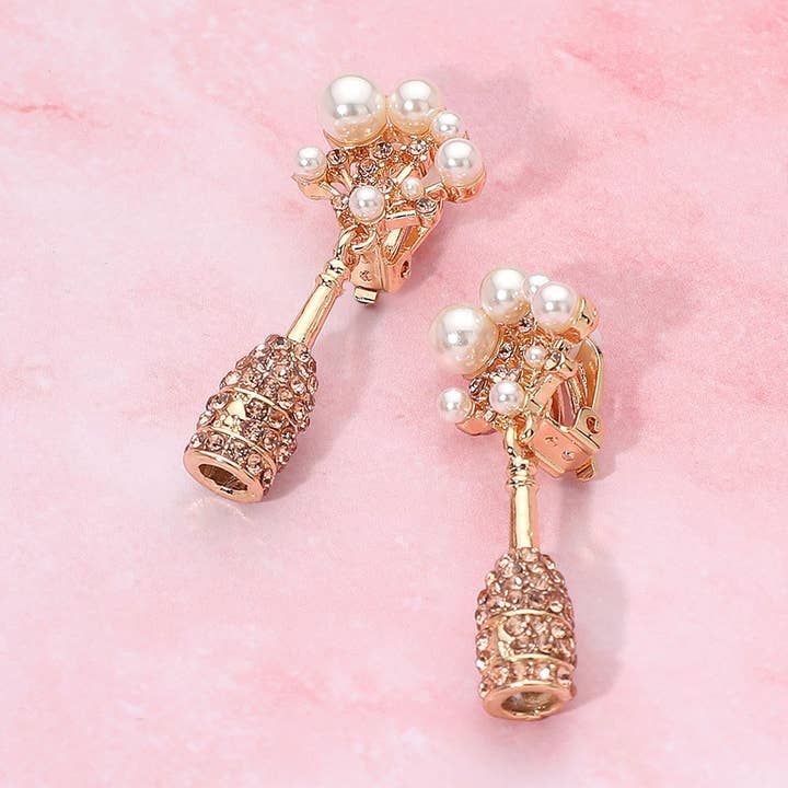 Pearl Cluster Champagne Bottle Drop Clip On Earrings for wholesale by Sensibling Corp.