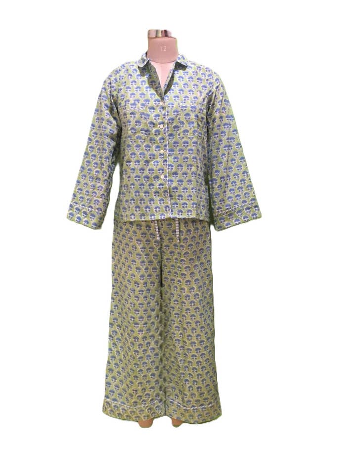 Women’s Cotton Pajama Set--Green with Blue Blossom for wholesale by Curiosity