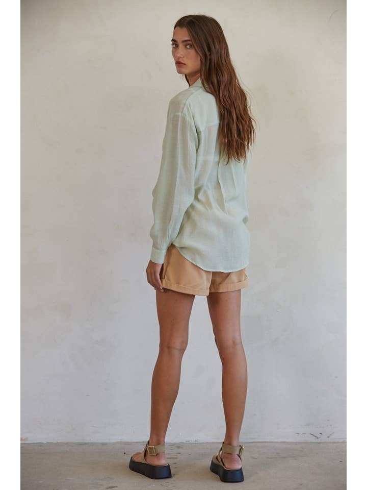 Light Sage L6940 | Button Down Collar Neck Long Sleeve Shirt Top for wholesale on Faire