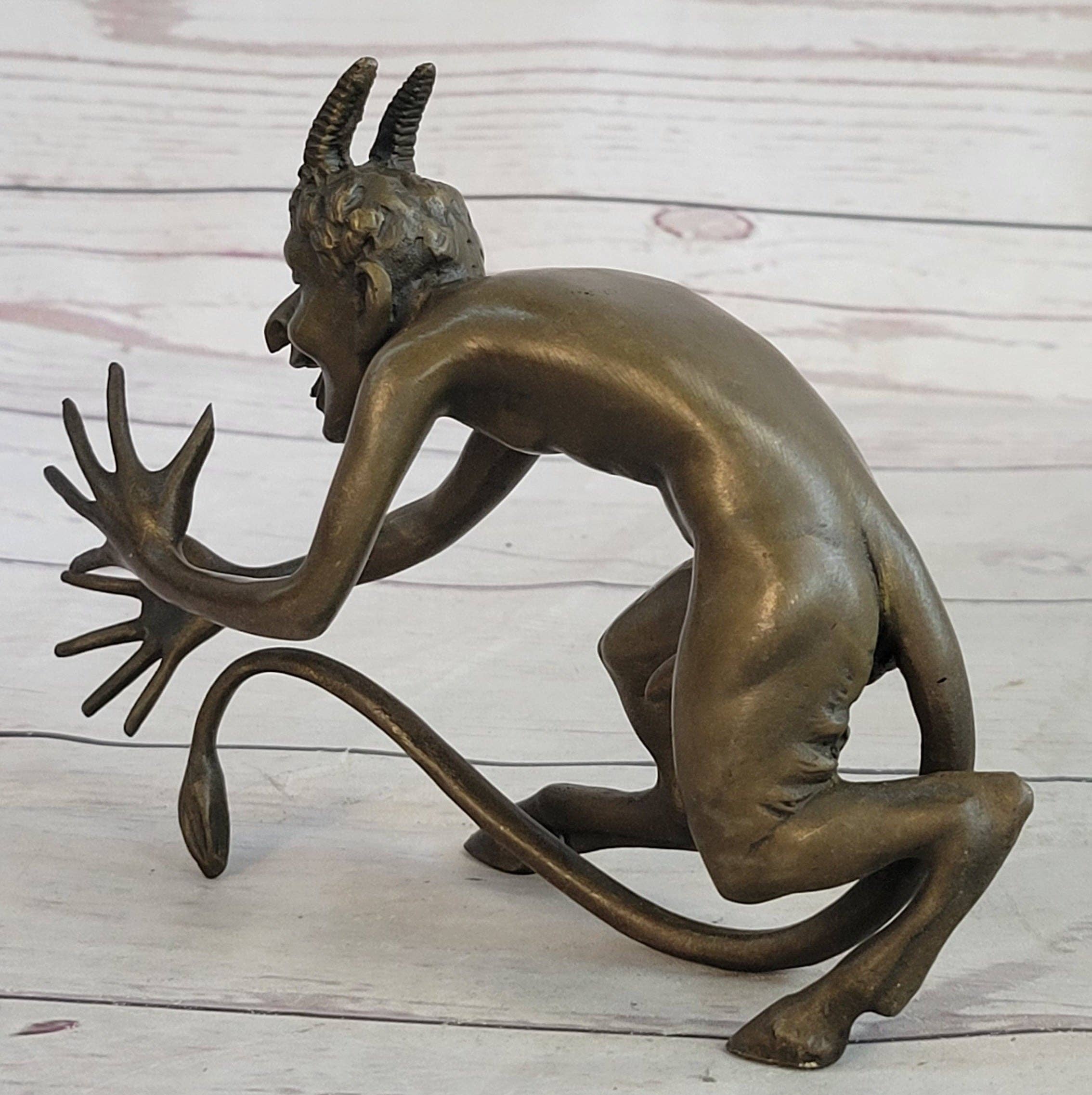 Bronzhaus - Wholesale Sculpture - Greek Satyr Chasing Nymph Bronze Figurine Sculpture Demon Horny Devil Satan 5" x 7"6