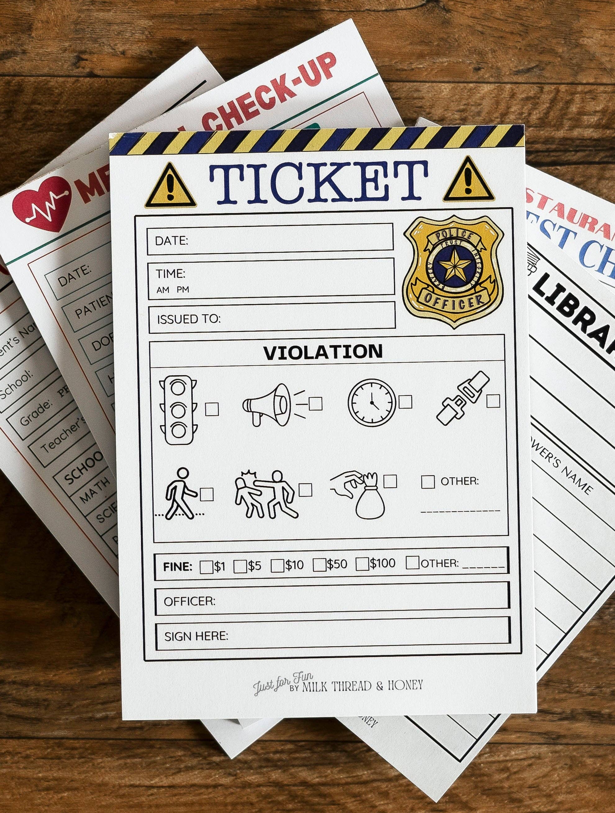 Milk Thread and Honey - Wholesale Notepad - Doctor, Restaurant, Librarian, Police Officer and Teacher - Set of 5 Pretend Play Notepads2