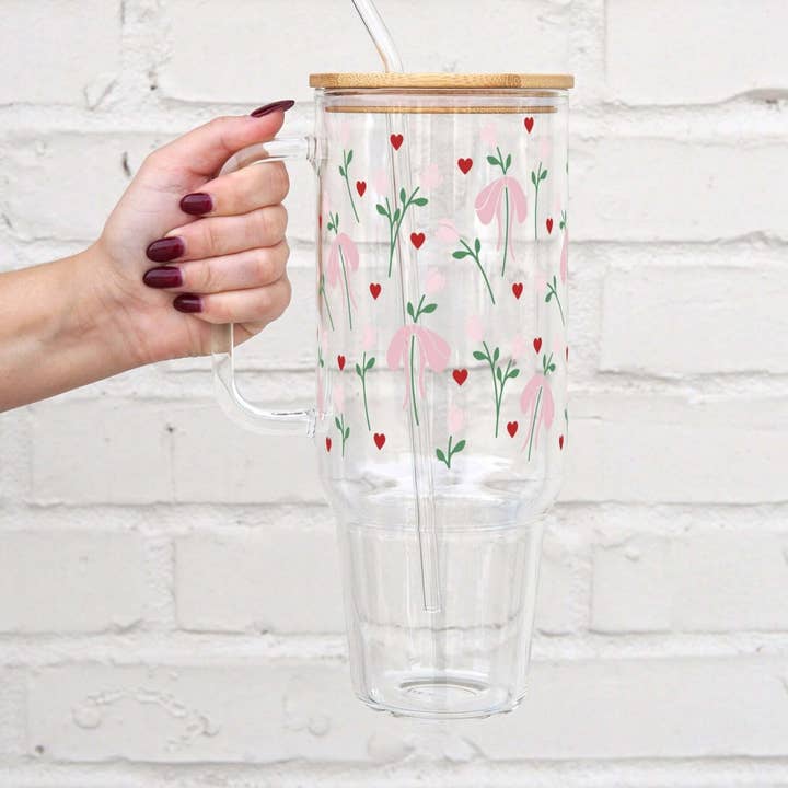 Flower and Bows 40oz Glass Tumbler With Lid and Straw for wholesale by Sip-Sip Hooray!