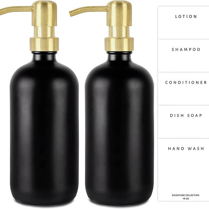 Glass Soap Dispenser Set, 2 Pack Bottles Set + 5 Labels for wholesale by Emerson Essentials