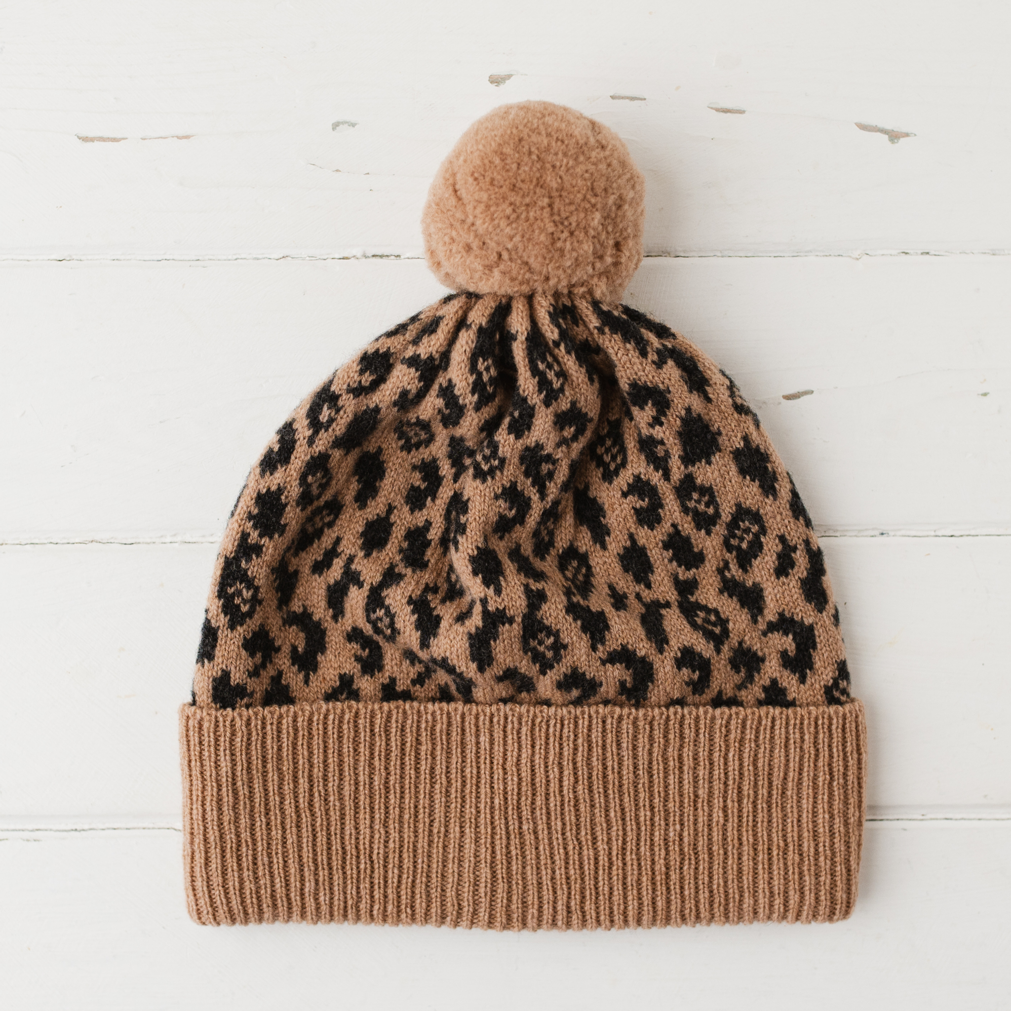 Miss Knit Nat – wholesale Beanie – Women's – Leopard pom pom hat - camel and charcoal1
