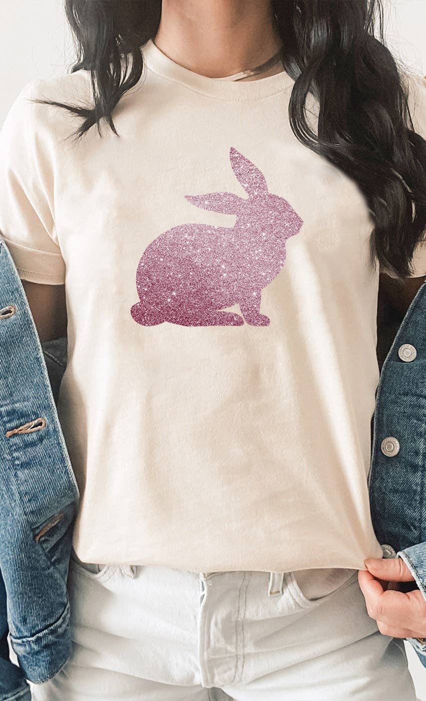 One Nine - Wholesale Screen Printed T-Shirt - Women's - Glitter Bunny tshirt, Happy Easter2