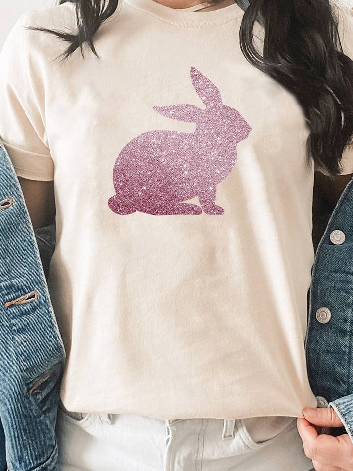 One Nine - Wholesale Screen Printed T-Shirt - Women's - Glitter Bunny tshirt, Happy Easter2