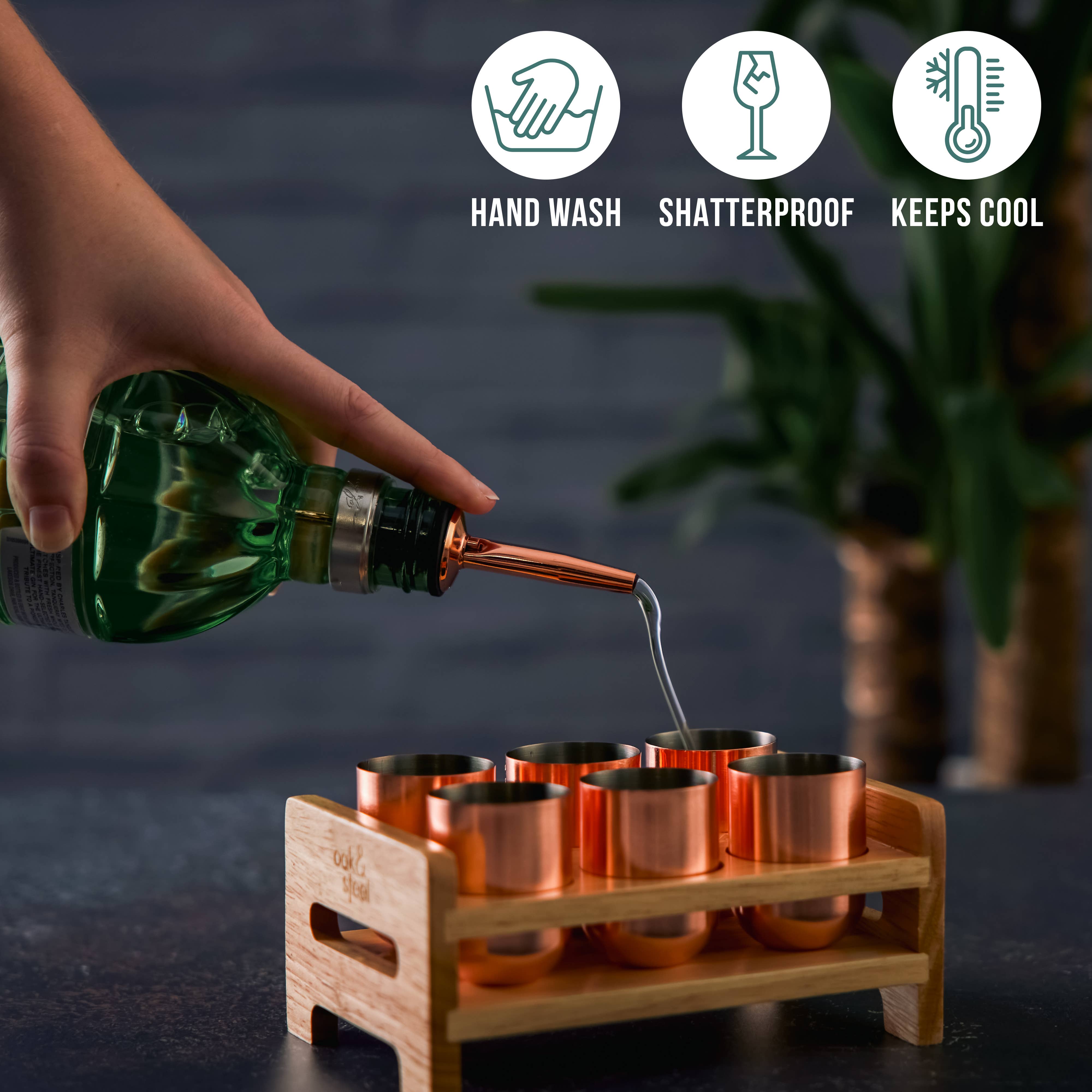 Oak & Steel - Venta al por mayor Vaso de chupito - 6 Vasos de chupito de acero inoxidable color oro rosa con bandeja portadora6