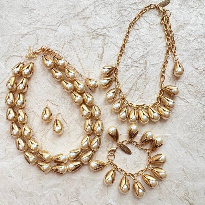 Lenora Dame - Wholesale Beaded/Pearl Necklace - Classic Double-Strand Bead Cap Necklace in Cream Pearl4