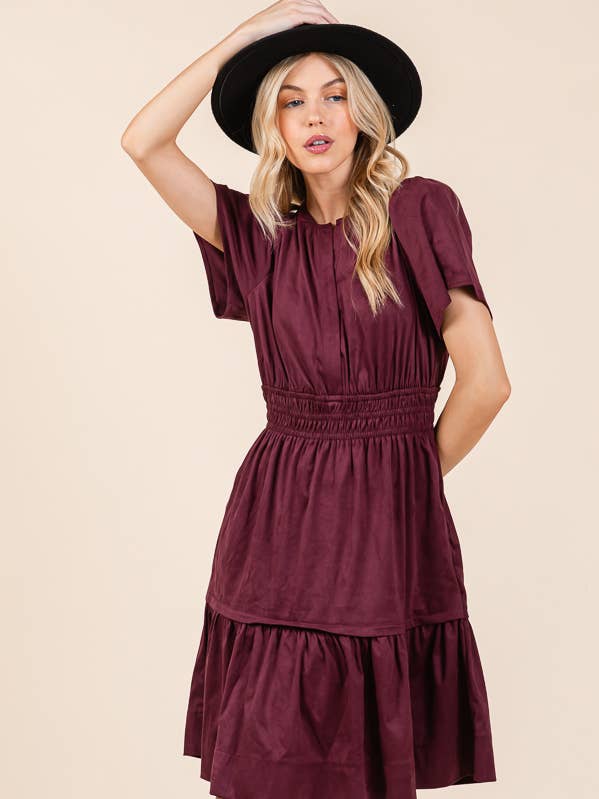 Mocha 2024 NEW - Suede Smocked Waist Short Sleeve Dress for wholesale on Faire