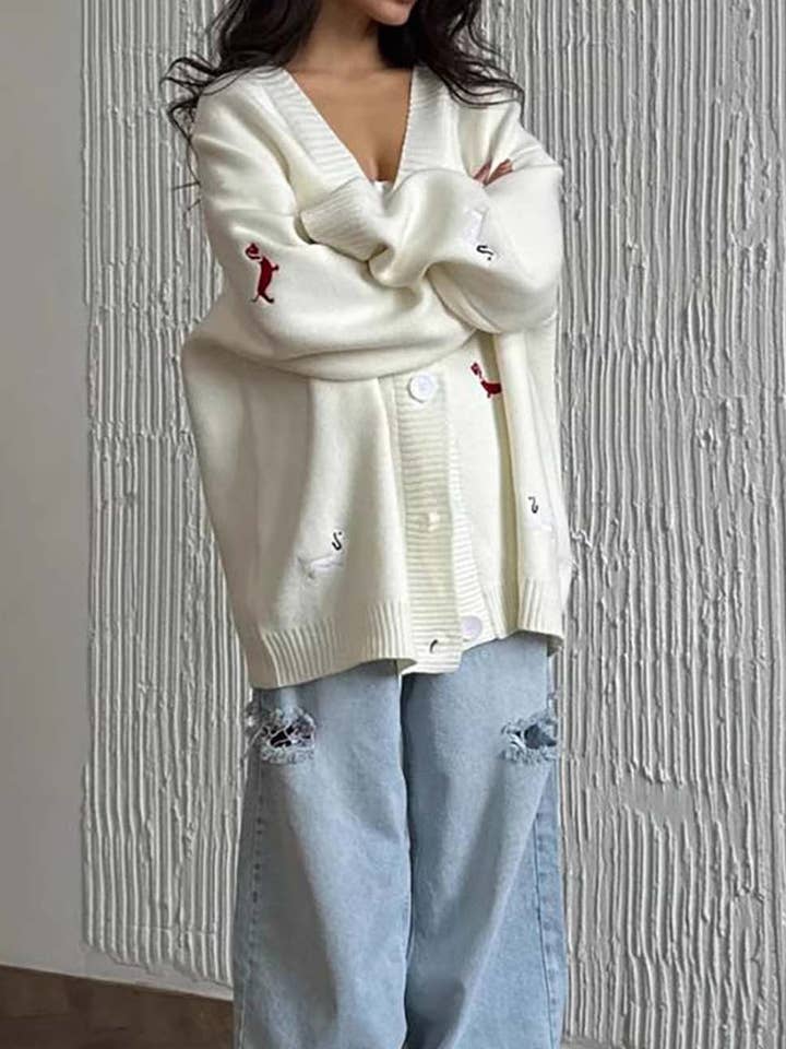 Schattig Dierenborduurwerk V-hals Oversized Vest DP25G967 voor wholesale door Dipped Shop