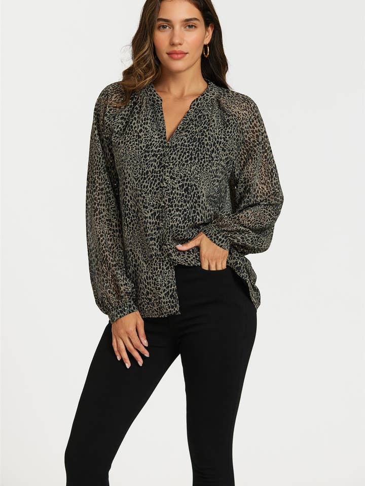Gold Foil Leopard Print long sleeve Blouse Top In Black for wholesale on Faire1