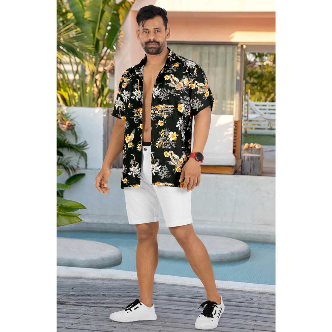 La Leela Men's Palm Tree and Floral Printed Black Shirt for wholesale on Faire1
