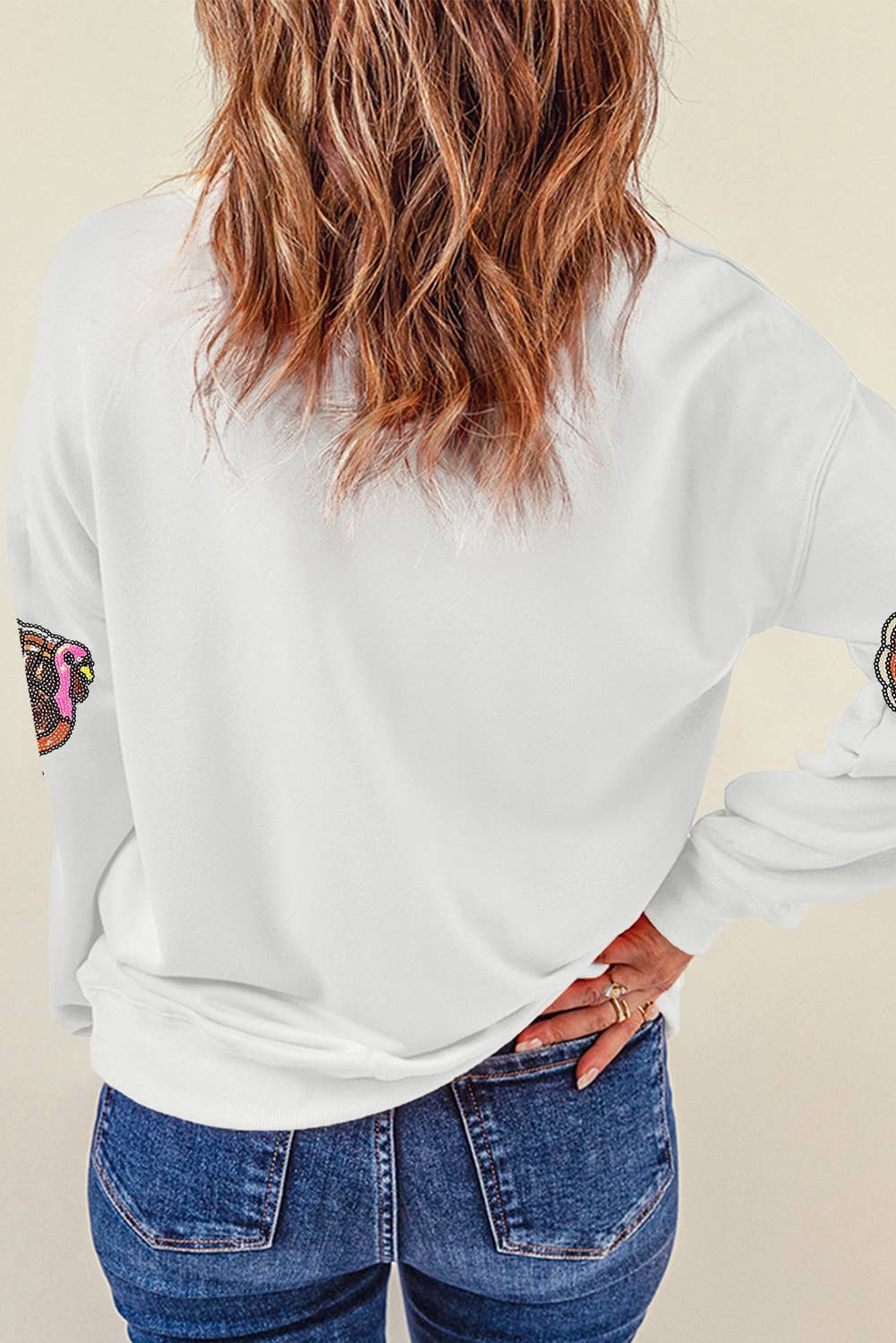 White Thanksgiving Turkey Sequin Patched Pullover Sweatshirt for wholesale on Faire1