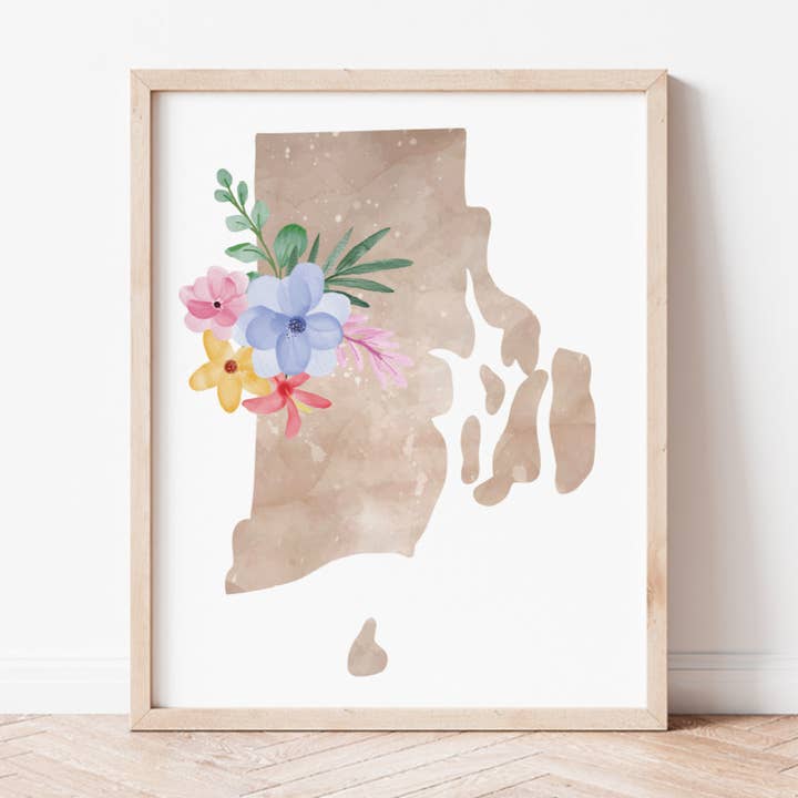 Impression d'art : silhouette florale du Rhode Island pour la vente par Backstory Map Co.