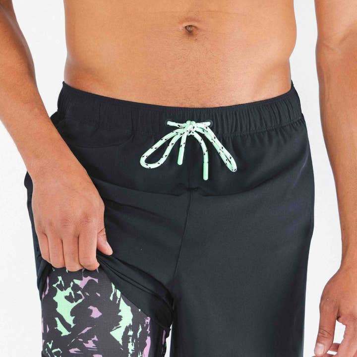 The Funky Fresh | Black and Neon Tribal Ball Hammock® Pouch 8" Swim Trunks for wholesale by Shinesty, Inc