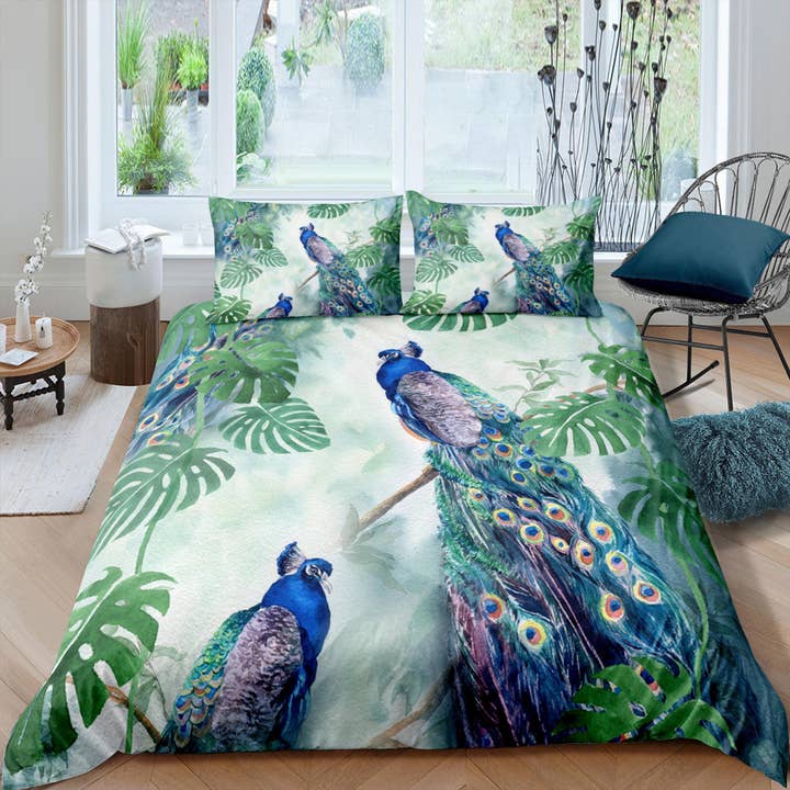 Set completo di biancheria da letto estetico con decoro pavone verde, copripiumino di lusso per letto queen size, king, boho, biancheria da letto di design, copriletto massimalista per la vendita all'ingrosso da parte di daintyduvet