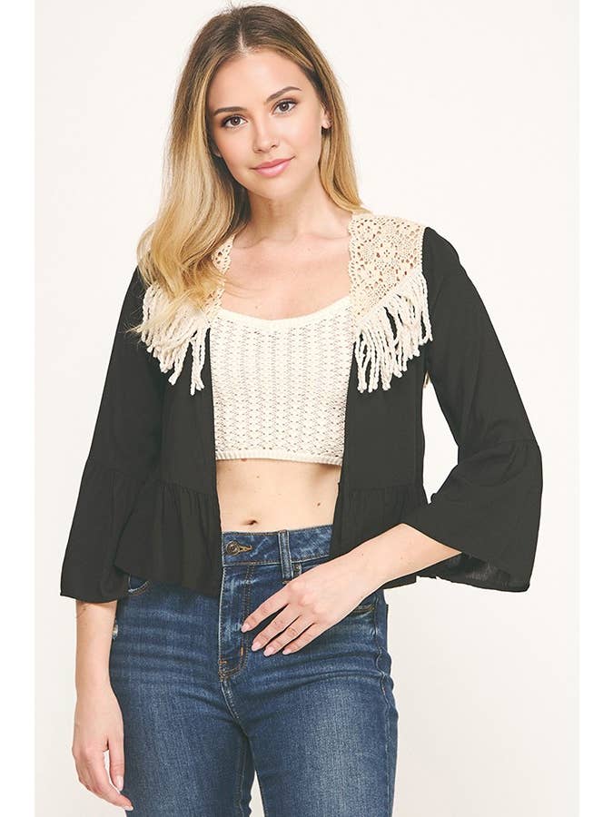 Sunday Morning - Wholesale Cardigan - Women's - J5036L16/CROCHET FRINGE THREE QUARTER SLEEVECARDIGAN3