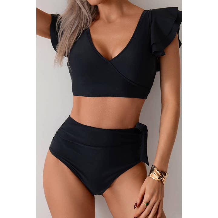 Costume da bagno a due pezzi con scollo a V e vita alta con volant per la vendita all'ingrosso da parte di Elings