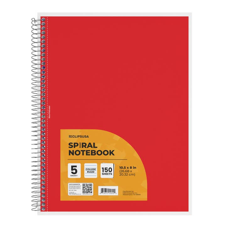 Eclips USA - Wholesale Notebook - 5-Subject College Spiral Notebook – 150 Sheets – 24 Ct