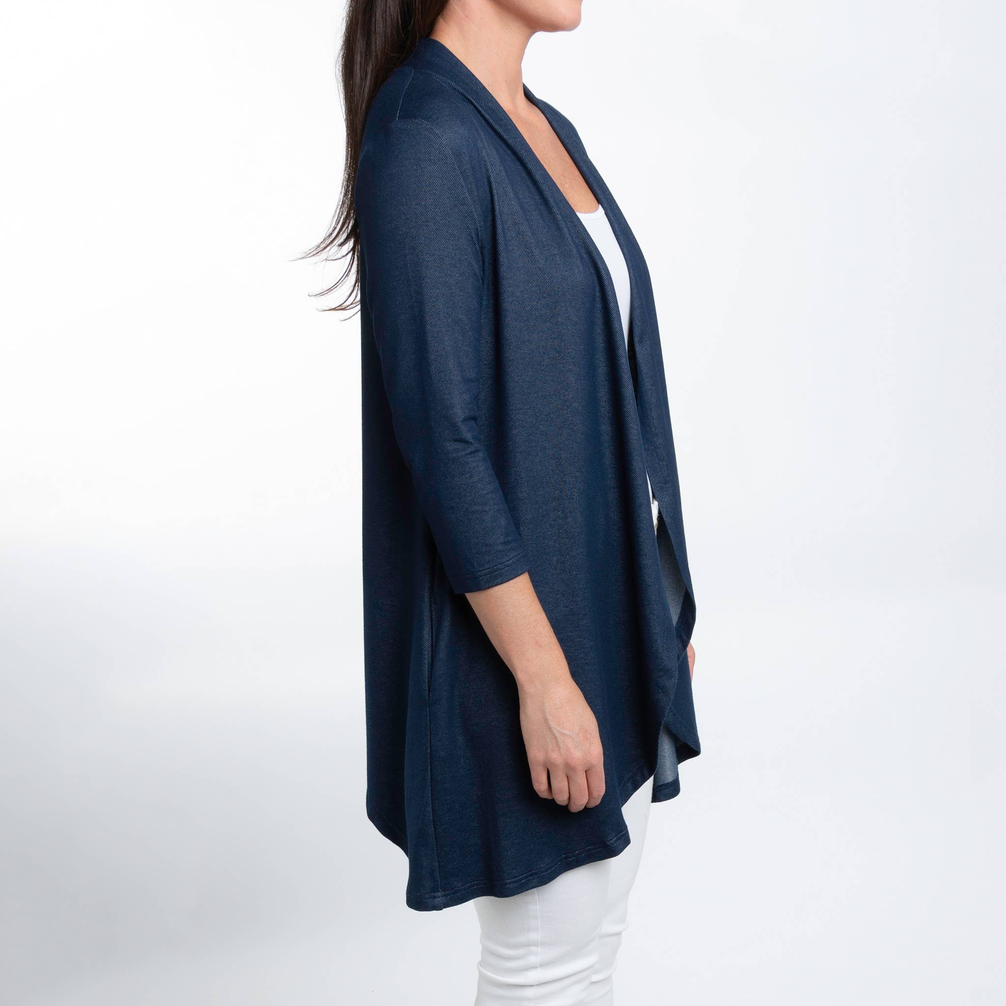 Elsie & Zoey – Engroshandel Cardigan - Dame – Diana 3/4-ærmet kort strækstrikket denim Duster cardigan9