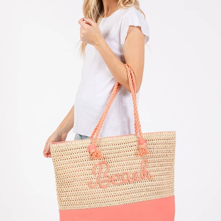 MiMi Wholesale - Wholesale Beach Bag - MB0266 Sewn Rope Beach Letter Color Straw Tote Bag