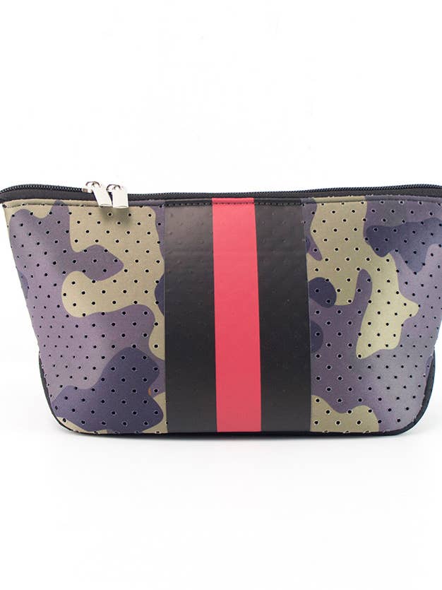 The Maria Neoprene Cosmetic Bag - Green Camo with Red Stripe for wholesale by Babs + Birdie