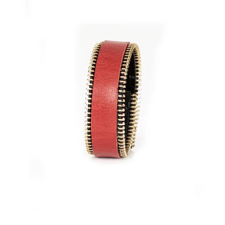Double-Zip Edge Leather Cuff Crimson Red for wholesale by The Dark