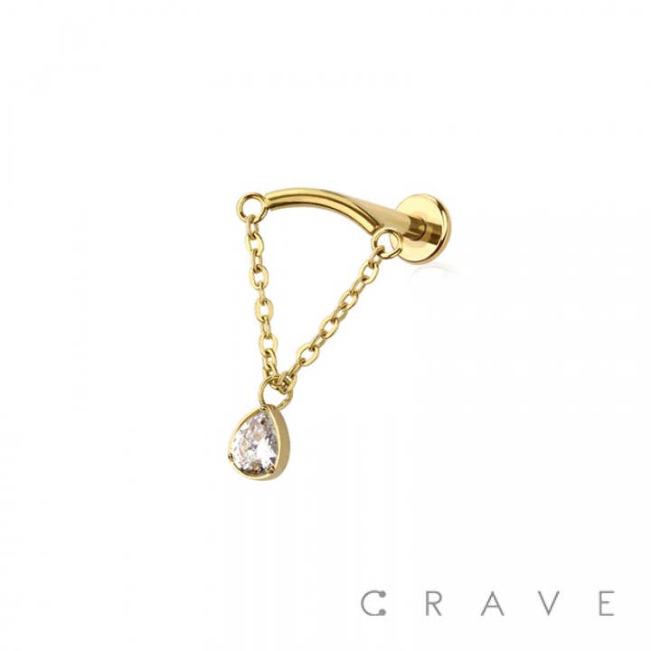 CRAVE - Vente Boucles d'oreille uniques - CHAÎNE INCURVÉE EN FORME DE GOUTTE D'EAU TRANSPARENTE EN FORME DE GOUTTE D'EAU, À ENFONCER DANS LE HAUT, 316L1