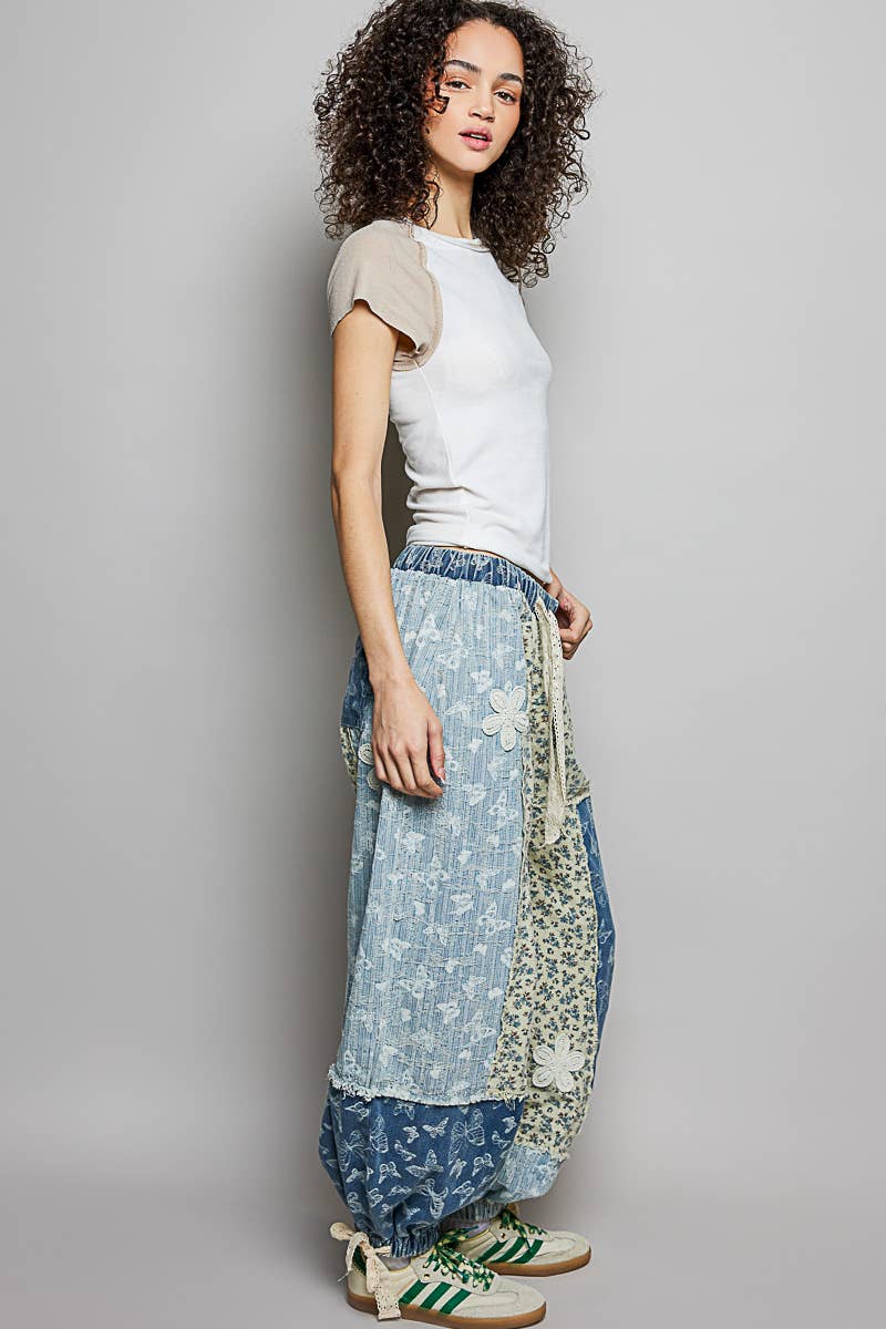 Pol Clothing - Wholesale Pants - Women's - Crochet patch detail contrast patchwork printed woven pants4