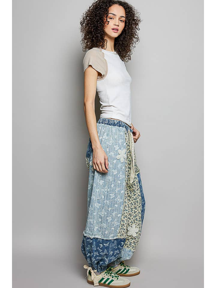 Pol Clothing - Wholesale Pants - Women's - Crochet patch detail contrast patchwork printed woven pants4