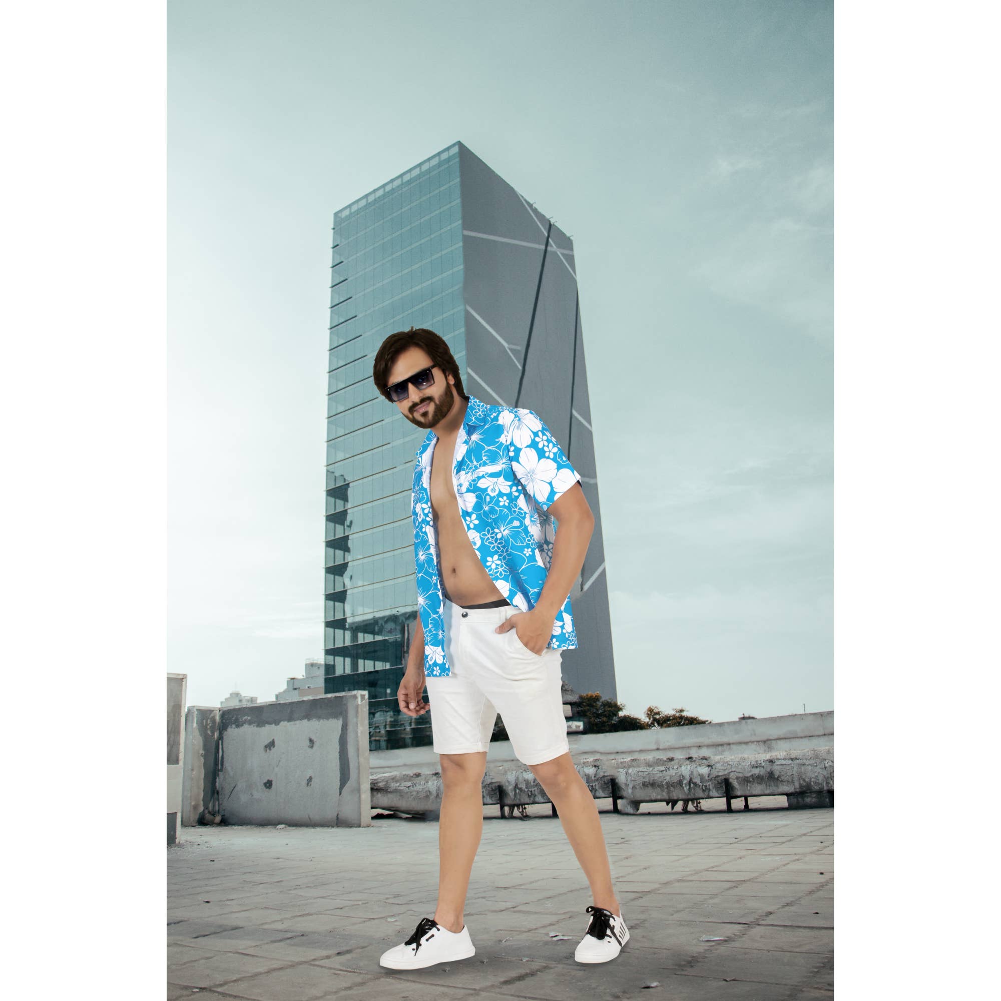 Teal Blue Hibiscus Floral Beach Hawaiian Shirt Men P00021 for wholesale on Faire7