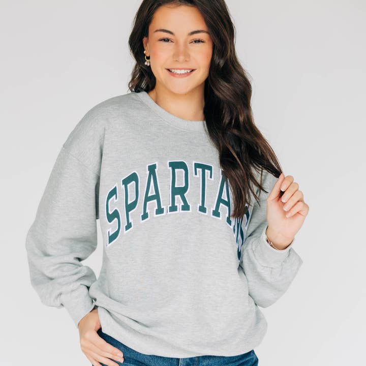 The Mallory Applique Crewneck Spartans Applique | Heather Grey for wholesale by Scarlet & Gold