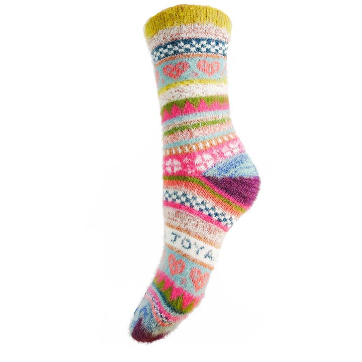 Multi coloured, yellow cuff, Scandi patterned socks for wholesale by GEMJAR LTD