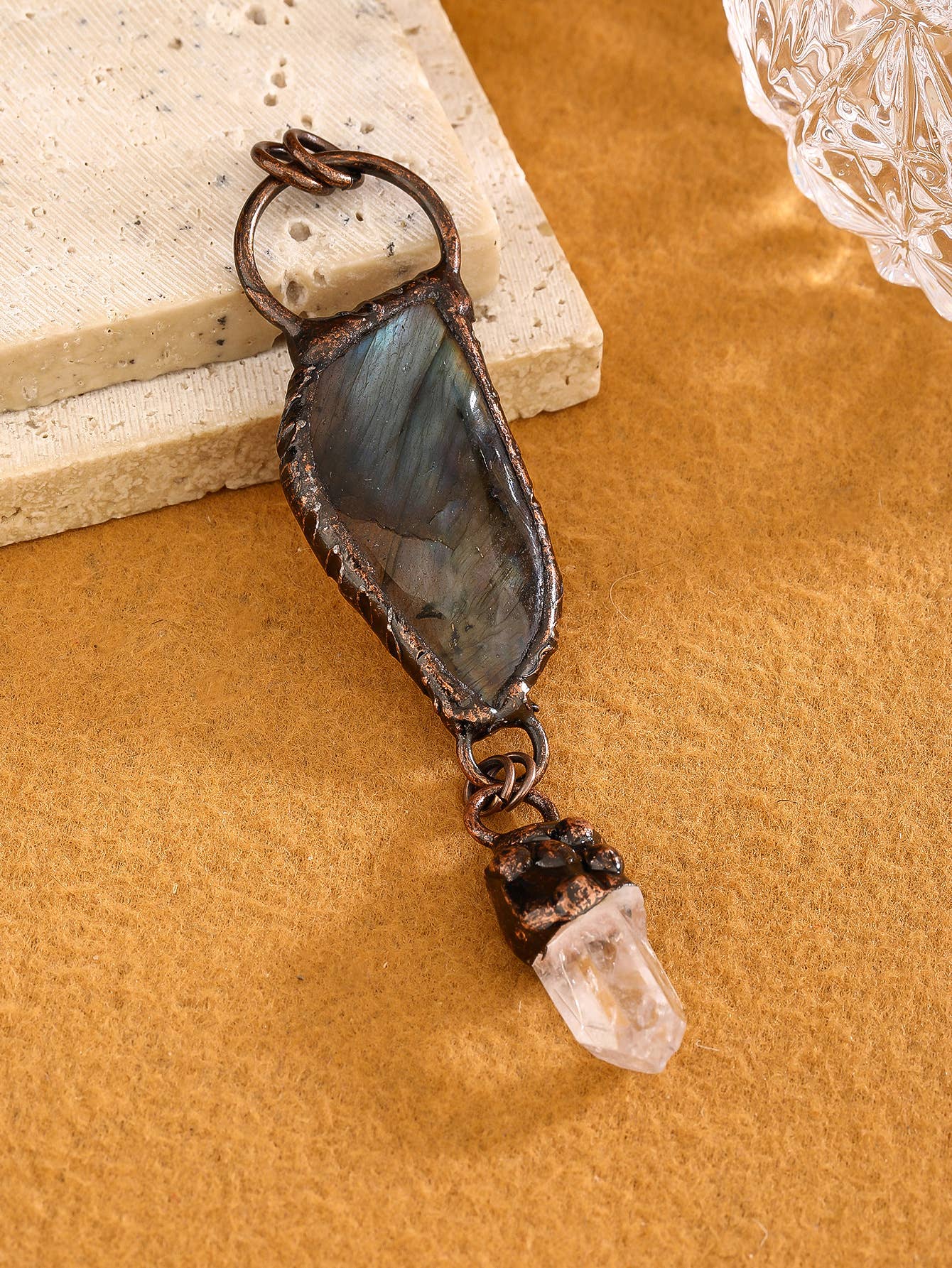 GemMeet - Wholesale Spiritual Stone/Crystal - Vintage style labradorite smoky quartz white crystal pendant0