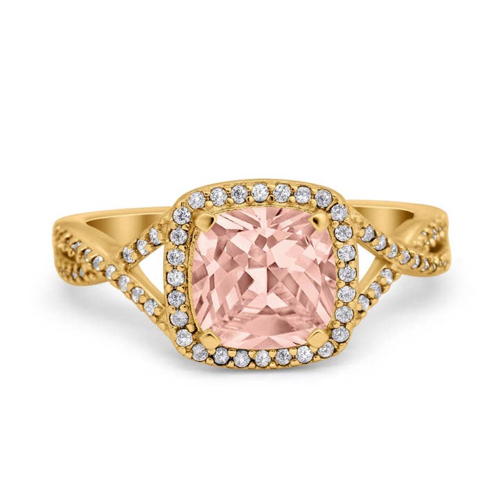 Halo Infinity Shank Engagement Ring Cushion Yellow Tone, Simulated Morganite CZ for wholesale by Blue Apple Imports