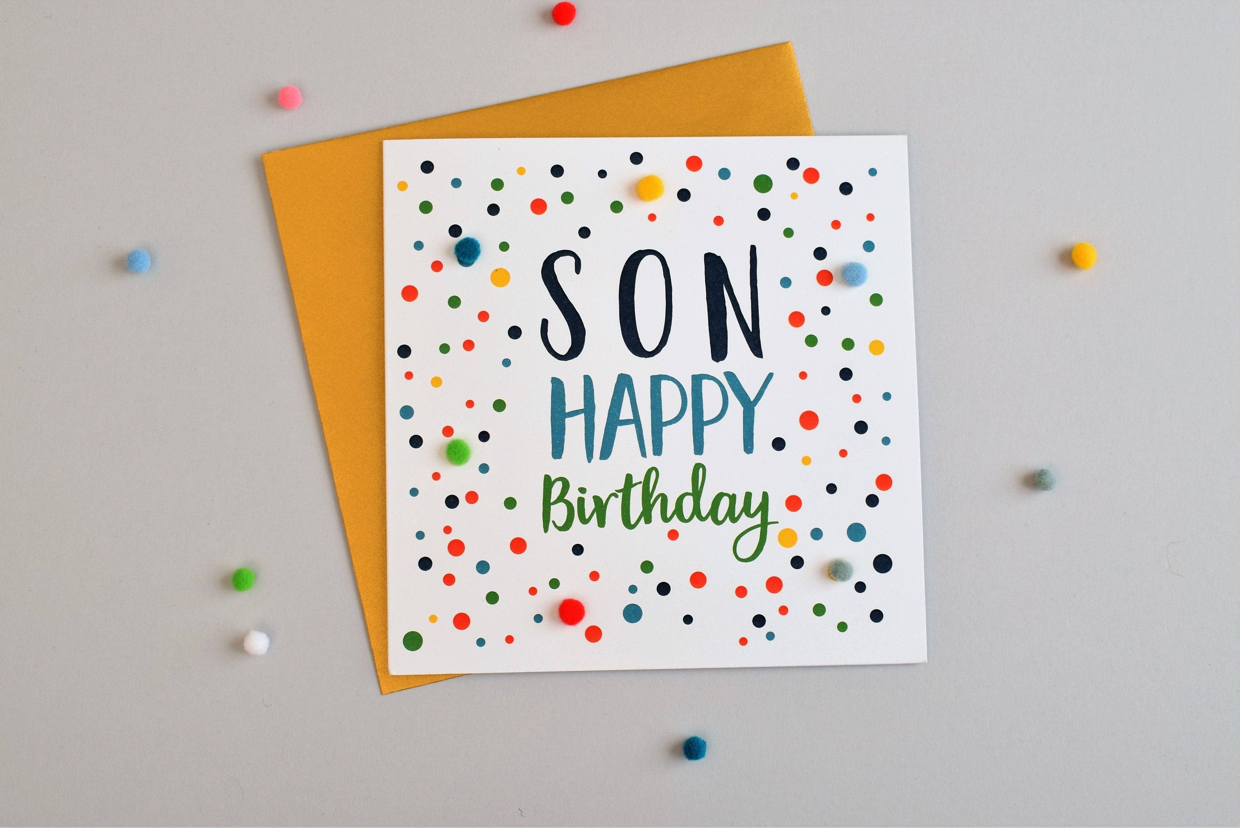 Claire Giles Ltd - Wholesale Birthday Card - Birthday Card, Dotty, Son, Happy Birthday, Embellished with colourful pompoms1