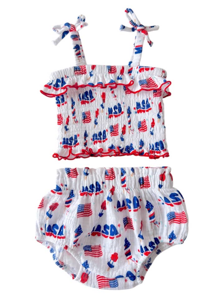 Muslin Smocked Ruffle Top & Bloomer, 4th of July for wholesale by SpearmintLOVE