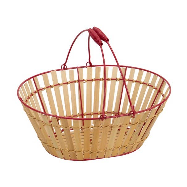 Ovale mand van rood metaal en natuurlijk bamboe met 2 handgrepen voor wholesale door Deffrennes