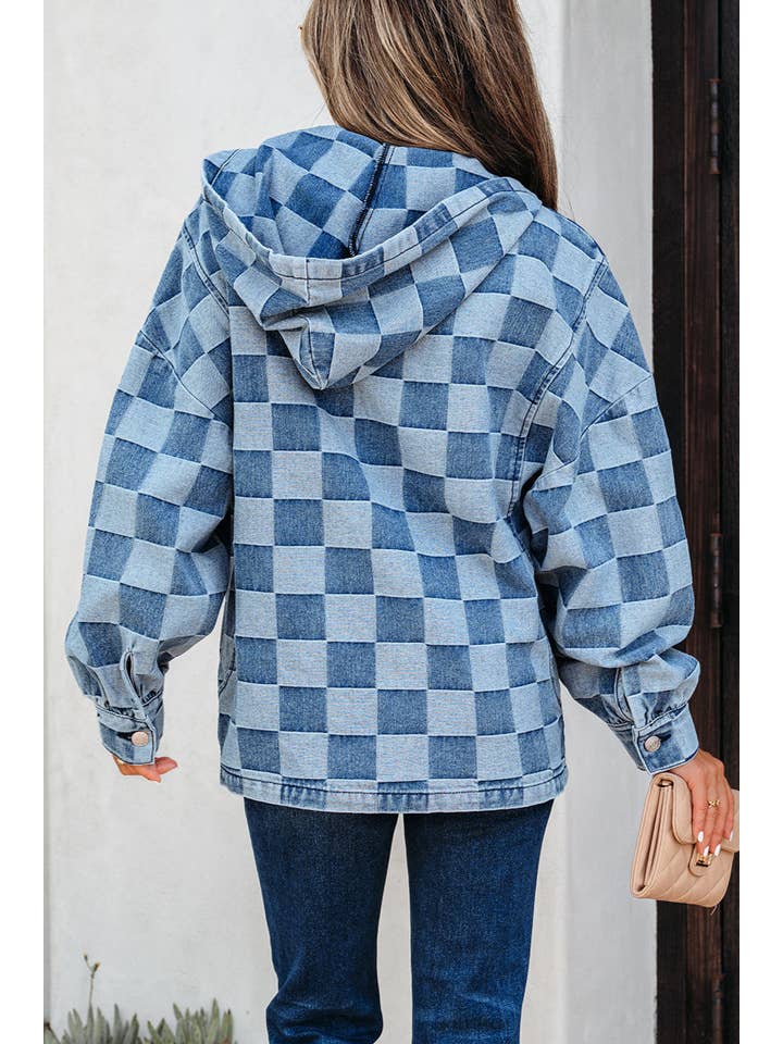Sky Blue Checker Denim Half-Zip Pocketed Hoodie for wholesale on Faire1