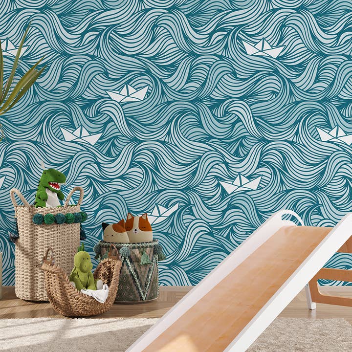 Murale da parete per asilo nido con onde del mare, carta da parati costiera con nave a vela per la vendita all'ingrosso da parte di SimurgWallArts