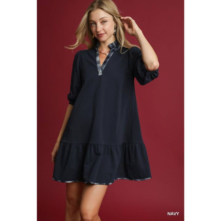 French Terry Plaid Trim V Neck Ruffle Hem Dress for wholesale by BNS
