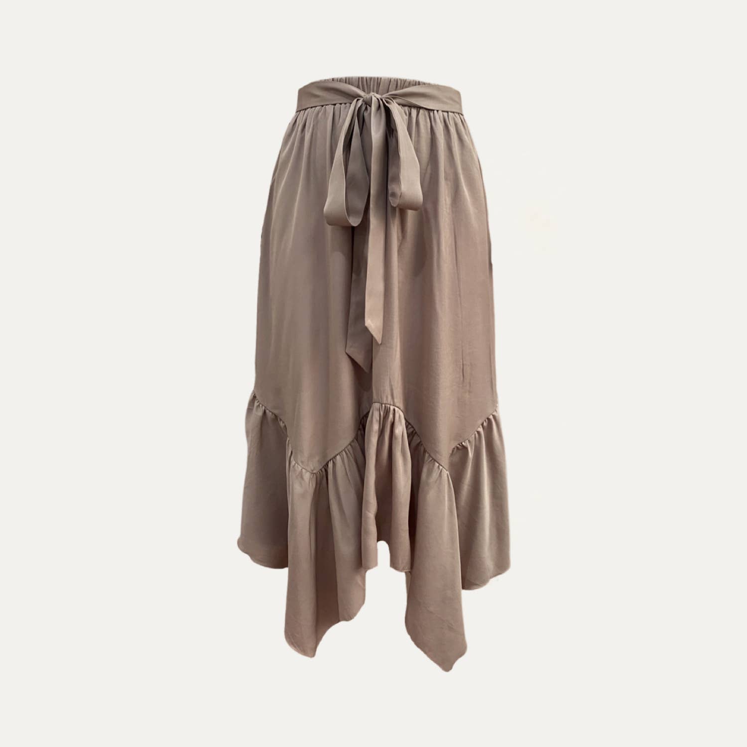 Unique Taupe High-Waisted Asymmetrical Maxi Skirt for wholesale on Faire0