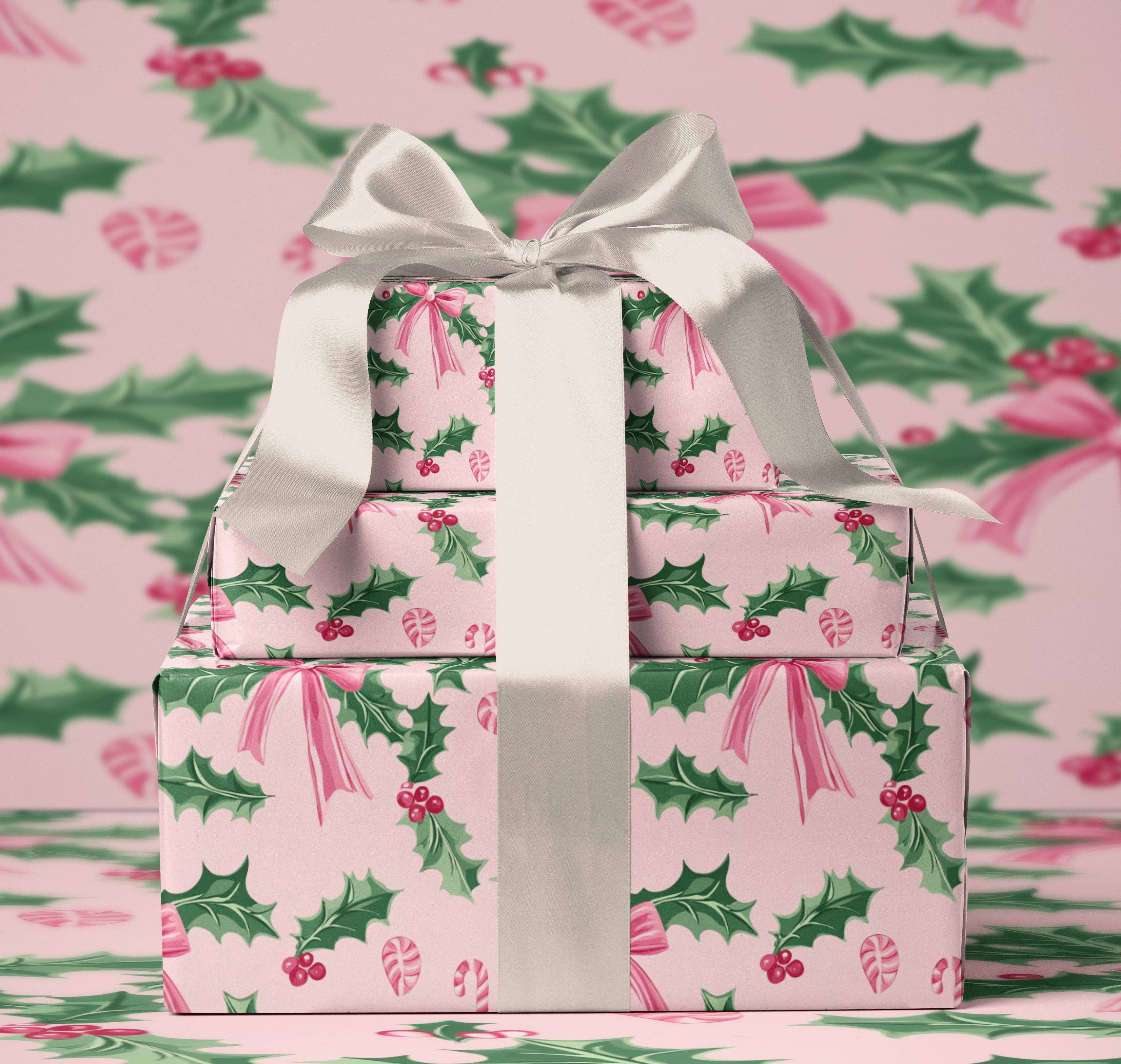 MagicMerchEmporium - Wholesale Wrapping Paper Roll - Pink Holly & Bows Christmas Wrapping Paper4
