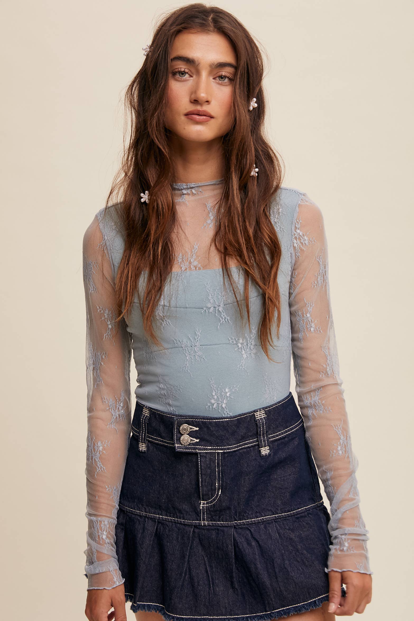 Listicle - Wholesale Blouse - Women's - Sheer Lace Long-Sleeve Top104