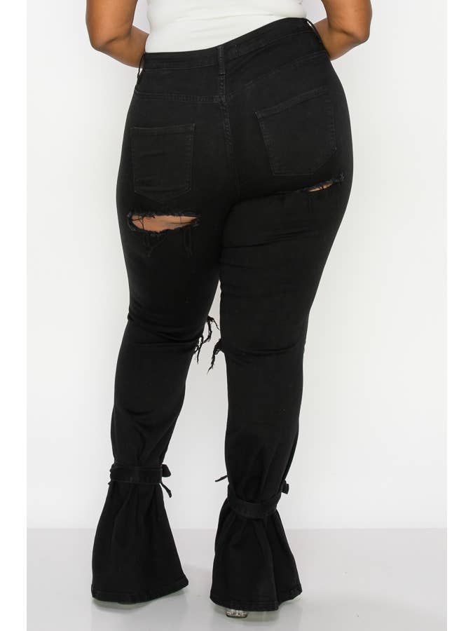 The Map Jeans - Vente Jean – femme - Jean évasé noir pour femme 8402P avec lien à nouer en bas10