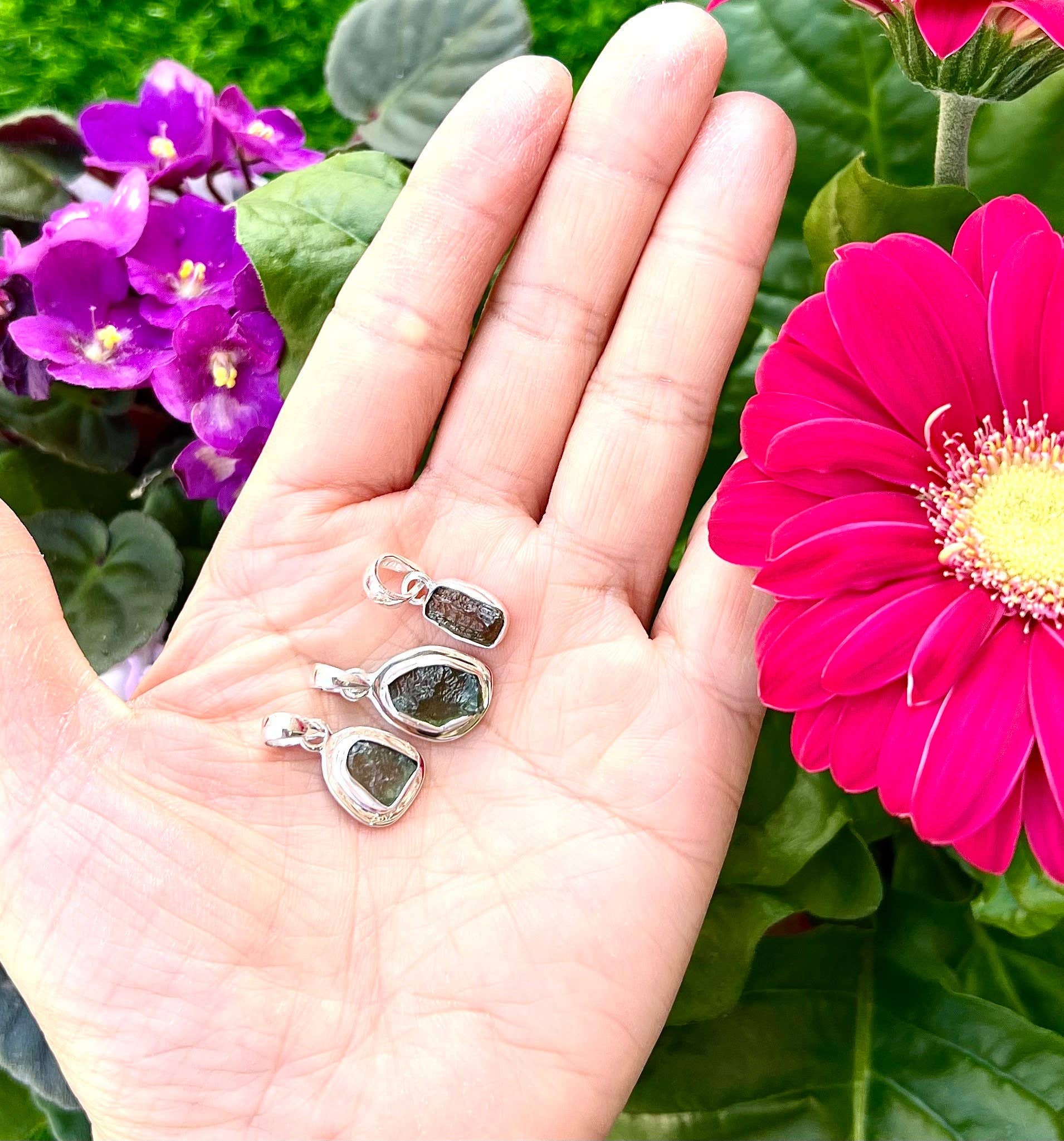 KayleeNYC - Vendita all'ingrosso Ciondolo/pendente - Lotto ingrosso 3 pz ciondoli Moldavite naturale in argento sterling 9257