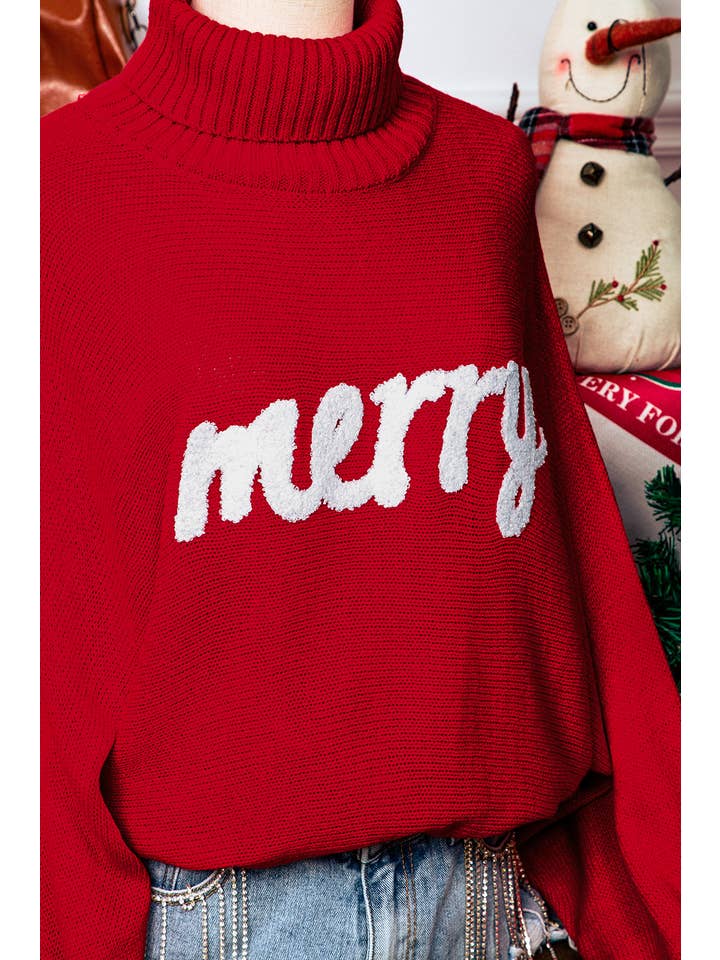 fashionworks - Wholesale Knit Sweater - Women's - Merry Letter Embroidered High Neck Christmas Sweater*S-2XL